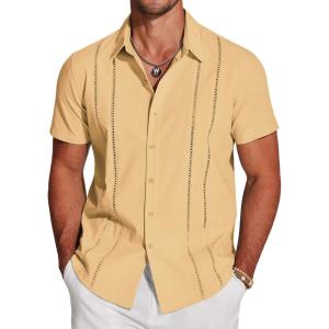 imageCOOFANDY Mens Cuban Guayabera Shirt Short Sleeve Button Down Shirts Casual Summer Beach Linen ShirtsYellow
