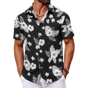 imageCOOFANDY Mens Hawaiian Shirt Short Sleeve Button Down Shirts Tropical Floral Summer Beach ShirtsBlack  White Floral