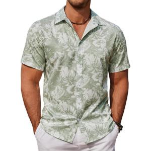imageCOOFANDY Mens Hawaiian Shirts Short Sleeve Button Down Aloha Shirt Casual Beach ClothesCeladon Green Palm Leaf