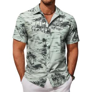 imageCOOFANDY Mens Hawaiian Shirts Short Sleeve Button Down Aloha Shirt Casual Beach ClothesCeladon Green Palm Tree
