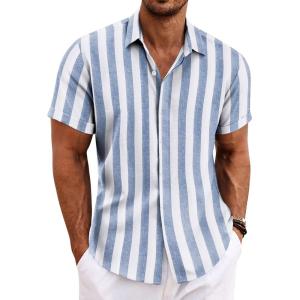 imageCOOFANDY Mens Linen Shirts Short Sleeve Casual Shirts Button Down Shirt for Men Beach Summer Wedding ShirtBluewhite Stripes