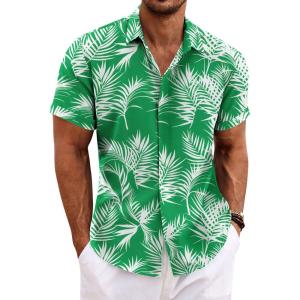 imageCOOFANDY Mens Linen Shirts Short Sleeve Casual Shirts Button Down Shirt for Men Beach Summer Wedding ShirtCeladon Green Palm Leaf