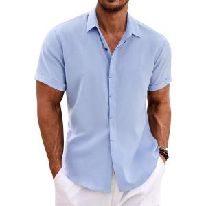 imageCOOFANDY Mens Linen Shirts Short Sleeve Casual Shirts Button Down Shirt for Men Beach Summer Wedding ShirtClear Blue