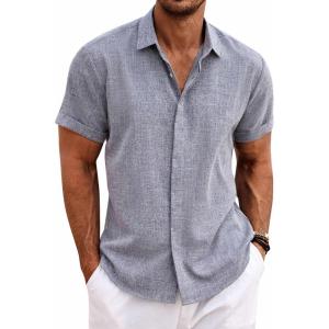 imageCOOFANDY Mens Linen Shirts Short Sleeve Casual Shirts Button Down Shirt for Men Beach Summer Wedding ShirtDark Blue Grey
