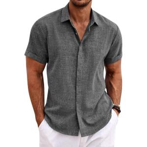 imageCOOFANDY Mens Linen Shirts Short Sleeve Casual Shirts Button Down Shirt for Men Beach Summer Wedding ShirtDark Grey