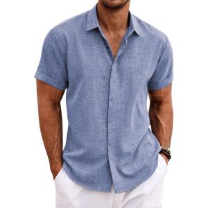 imageCOOFANDY Mens Linen Shirts Short Sleeve Casual Shirts Button Down Shirt for Men Beach Summer Wedding ShirtDenim Blue