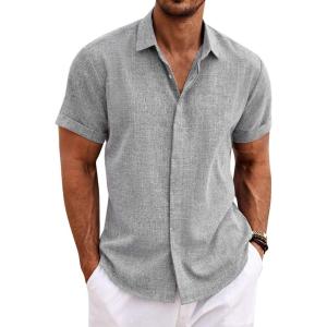 imageCOOFANDY Mens Linen Shirts Short Sleeve Casual Shirts Button Down Shirt for Men Beach Summer Wedding ShirtGrey