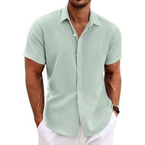 imageCOOFANDY Mens Linen Shirts Short Sleeve Casual Shirts Button Down Shirt for Men Beach Summer Wedding ShirtLeaf