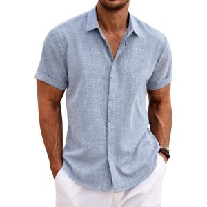 imageCOOFANDY Mens Linen Shirts Short Sleeve Casual Shirts Button Down Shirt for Men Beach Summer Wedding ShirtLight Denim Blue