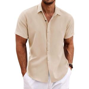 imageCOOFANDY Mens Linen Shirts Short Sleeve Casual Shirts Button Down Shirt for Men Beach Summer Wedding ShirtLight Khaki