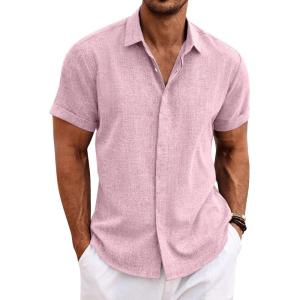 imageCOOFANDY Mens Linen Shirts Short Sleeve Casual Shirts Button Down Shirt for Men Beach Summer Wedding ShirtPink