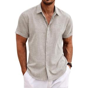 imageCOOFANDY Mens Linen Shirts Short Sleeve Casual Shirts Button Down Shirt for Men Beach Summer Wedding ShirtStone