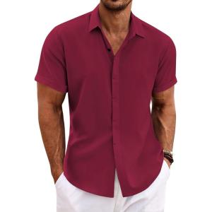 imageCOOFANDY Mens Linen Shirts Short Sleeve Casual Shirts Button Down Shirt for Men Beach Summer Wedding ShirtWine Red