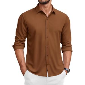 imageCOOFANDY Mens Long Sleeve Wrinkle Free Shirts Button Down Casual Stretch Dress ShirtBrown
