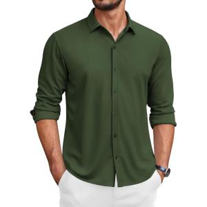 imageCOOFANDY Mens Long Sleeve Wrinkle Free Shirts Button Down Casual Stretch Dress ShirtDark Army Green