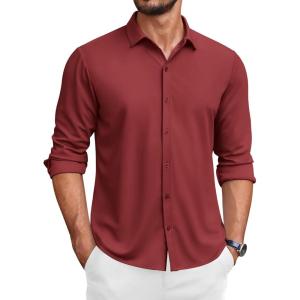 imageCOOFANDY Mens Long Sleeve Wrinkle Free Shirts Button Down Casual Stretch Dress ShirtWine Red