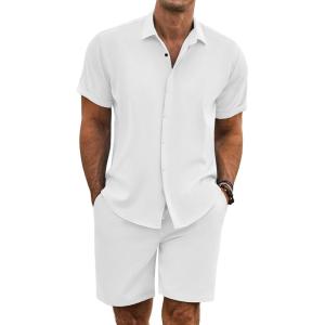 imageCOOFANDY Mens Summer Beach Outfits 2 Piece Short Sleeve Shirts and Shorts Vacation Texture Linen Sets for MenA White