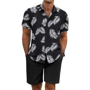 imageCOOFANDY Mens Summer Beach Outfits 2 Piece Short Sleeve Shirts and Shorts Vacation Texture Linen Sets for MenBlack  Leaf