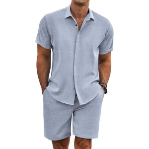 imageCOOFANDY Mens Summer Beach Outfits 2 Piece Short Sleeve Shirts and Shorts Vacation Texture Linen Sets for MenBlue