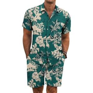 imageCOOFANDY Mens Summer Beach Outfits 2 Piece Short Sleeve Shirts and Shorts Vacation Texture Linen Sets for MenCoconut Treegreen