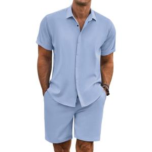 imageCOOFANDY Mens Summer Beach Outfits 2 Piece Short Sleeve Shirts and Shorts Vacation Texture Linen Sets for MenDenim Blue