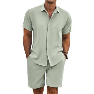 imageCOOFANDY Mens Summer Beach Outfits 2 Piece Short Sleeve Shirts and Shorts Vacation Texture Linen Sets for MenGreen
