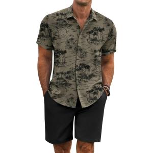 imageCOOFANDY Mens Summer Beach Outfits 2 Piece Short Sleeve Shirts and Shorts Vacation Texture Linen Sets for MenGrey Green