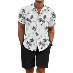 imageCOOFANDY Mens Summer Beach Outfits 2 Piece Short Sleeve Shirts and Shorts Vacation Texture Linen Sets for MenIsland Blue