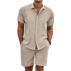 imageCOOFANDY Mens Summer Beach Outfits 2 Piece Short Sleeve Shirts and Shorts Vacation Texture Linen Sets for MenKhaki