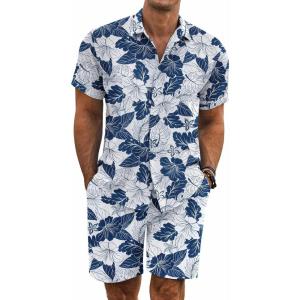 imageCOOFANDY Mens Summer Beach Outfits 2 Piece Short Sleeve Shirts and Shorts Vacation Texture Linen Sets for MenLeaf Blue White