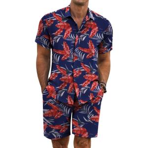 imageCOOFANDY Mens Summer Beach Outfits 2 Piece Short Sleeve Shirts and Shorts Vacation Texture Linen Sets for MenLeavesnavy Blue