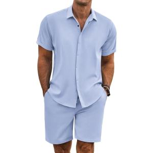 imageCOOFANDY Mens Summer Beach Outfits 2 Piece Short Sleeve Shirts and Shorts Vacation Texture Linen Sets for MenLight Blue