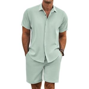 imageCOOFANDY Mens Summer Beach Outfits 2 Piece Short Sleeve Shirts and Shorts Vacation Texture Linen Sets for MenLight Green