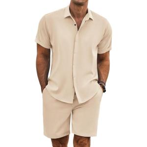 imageCOOFANDY Mens Summer Beach Outfits 2 Piece Short Sleeve Shirts and Shorts Vacation Texture Linen Sets for MenLight Khaki