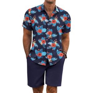 imageCOOFANDY Mens Summer Beach Outfits 2 Piece Short Sleeve Shirts and Shorts Vacation Texture Linen Sets for MenNavy  Floral