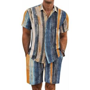 imageCOOFANDY Mens Summer Beach Outfits 2 Piece Short Sleeve Shirts and Shorts Vacation Texture Linen Sets for MenPainting