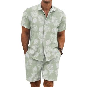 imageCOOFANDY Mens Summer Beach Outfits 2 Piece Short Sleeve Shirts and Shorts Vacation Texture Linen Sets for MenSage Green  Leaf