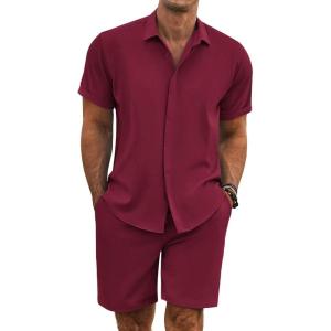 imageCOOFANDY Mens Summer Beach Outfits 2 Piece Short Sleeve Shirts and Shorts Vacation Texture Linen Sets for MenWine Red