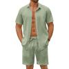 imageCOOFANDY Mens Beach Outfits 2 Piece Sets Casual Short Sleeve Button Down Summer Textured ShirtLight Green