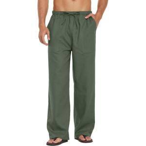 imageCOOFANDY Mens Casual Linen Pants Elastic Waist Linen Pants Drawstring Summer Beach Yoga Linen TrouserA Dark Army Green