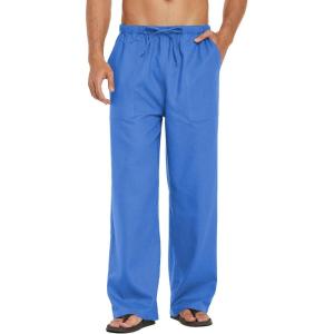 imageCOOFANDY Mens Casual Linen Pants Elastic Waist Linen Pants Drawstring Summer Beach Yoga Linen TrouserA Dark Blue