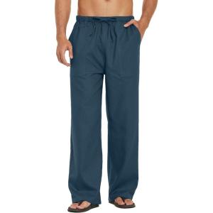 imageCOOFANDY Mens Casual Linen Pants Elastic Waist Linen Pants Drawstring Summer Beach Yoga Linen TrouserA Deep Blue