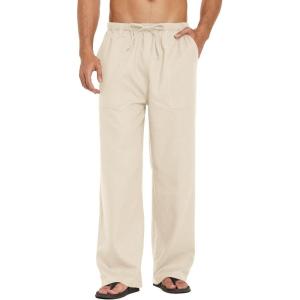 imageCOOFANDY Mens Casual Linen Pants Elastic Waist Linen Pants Drawstring Summer Beach Yoga Linen TrouserA Light Khaki