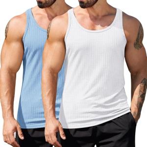 imageCOOFANDY Mens Workout Tank Top Ribbed Knit Sleeveless Gym Muscle T Shirts Bodybuilding TeeWhiteLight Blue 2 Pcs