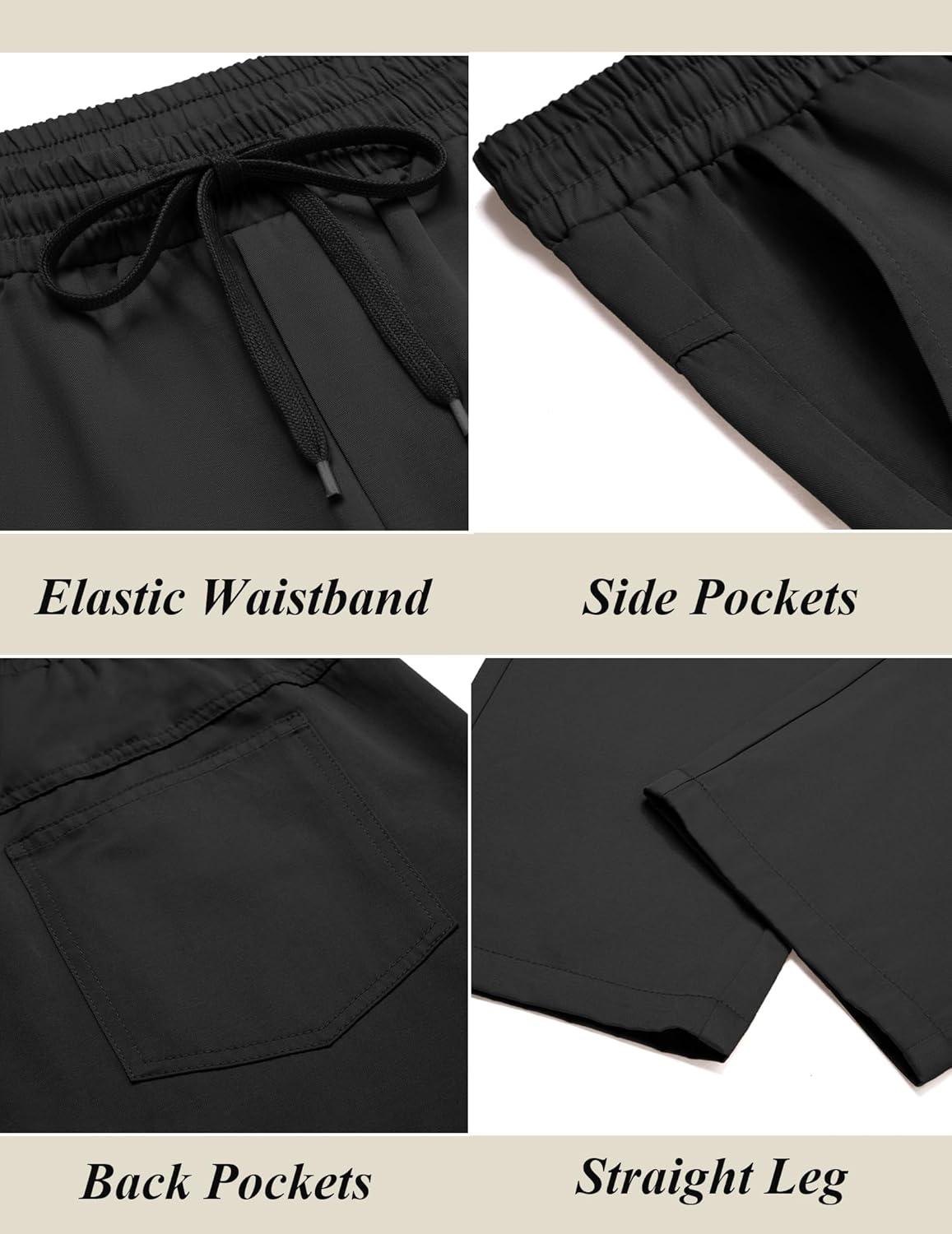 imageCOOFANDY Mens Casual Cotton Pants Regular Fit Elastic Waist Drawstring Twill Pants Straight Leg Chino PantsBlack