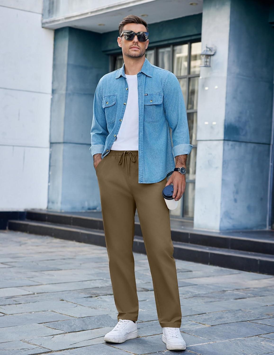 imageCOOFANDY Mens Casual Cotton Pants Regular Fit Elastic Waist Drawstring Twill Pants Straight Leg Chino PantsBrown