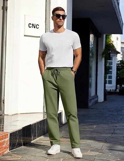 imageCOOFANDY Mens Casual Cotton Pants Regular Fit Elastic Waist Drawstring Twill Pants Straight Leg Chino PantsDark Green