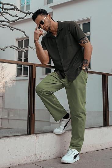 imageCOOFANDY Mens Casual Cotton Pants Regular Fit Elastic Waist Drawstring Twill Pants Straight Leg Chino PantsDark Green