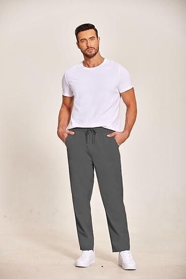 imageCOOFANDY Mens Casual Cotton Pants Regular Fit Elastic Waist Drawstring Twill Pants Straight Leg Chino PantsDark Grey