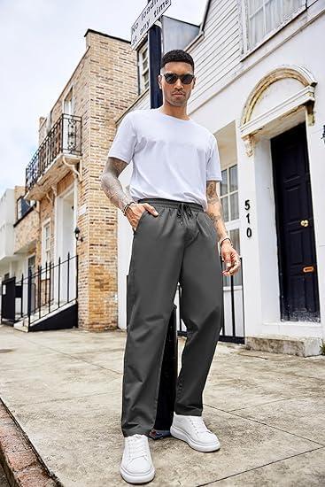 imageCOOFANDY Mens Casual Cotton Pants Regular Fit Elastic Waist Drawstring Twill Pants Straight Leg Chino PantsDark Grey